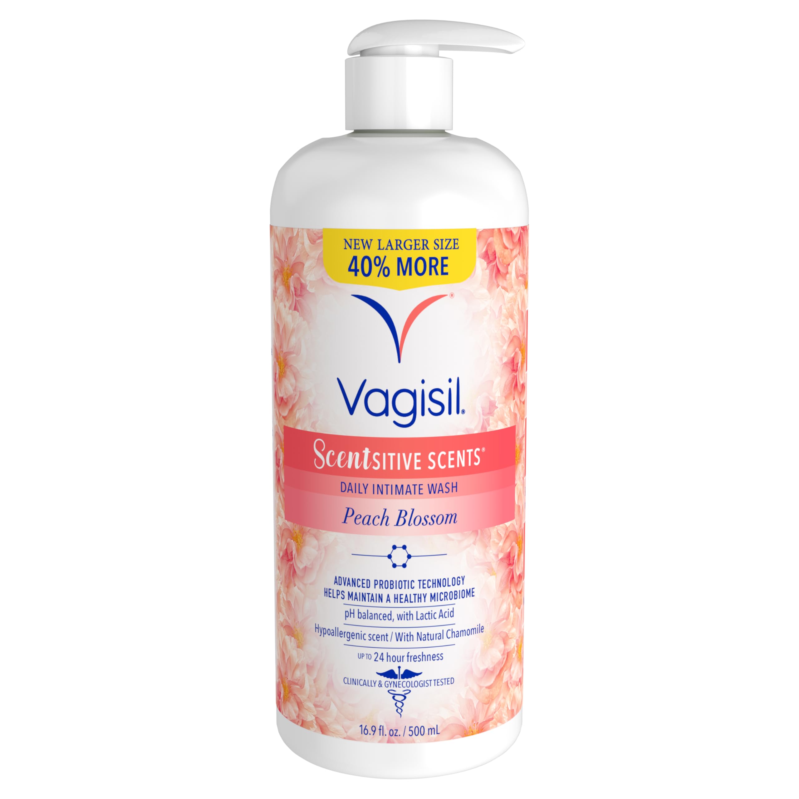 Vagisil frontal del envase Peach Blossom que transmite limpieza y frescura
