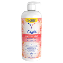 Vagisil frontal del envase Peach Blossom que transmite limpieza y frescura