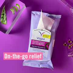 Vagisil etiqueta de ingredientes destacando vitaminas calmantes