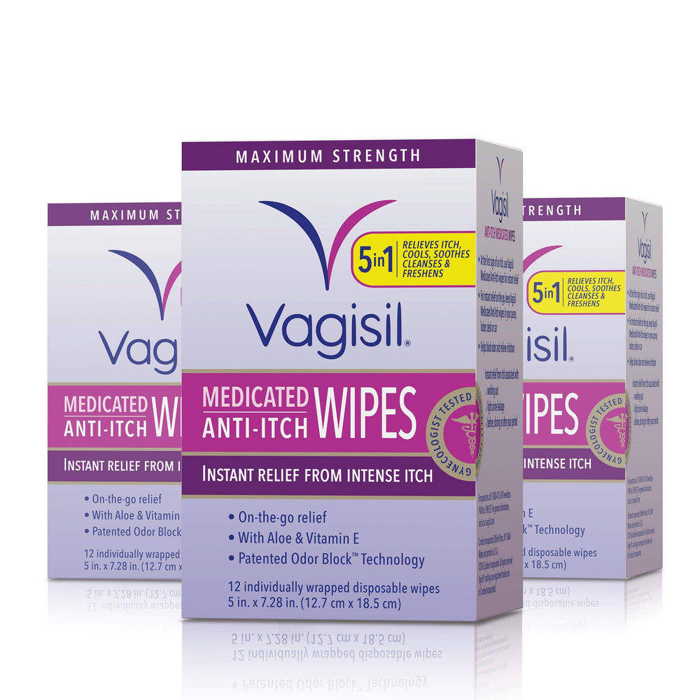 Vagisil paquete frontal mostrando 3 packs de 12 toallitas para alivio rápido
