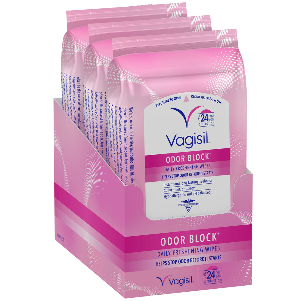 Vagisil paquete frontal mostrando diseño y cantidad de toallitas para conveniencia