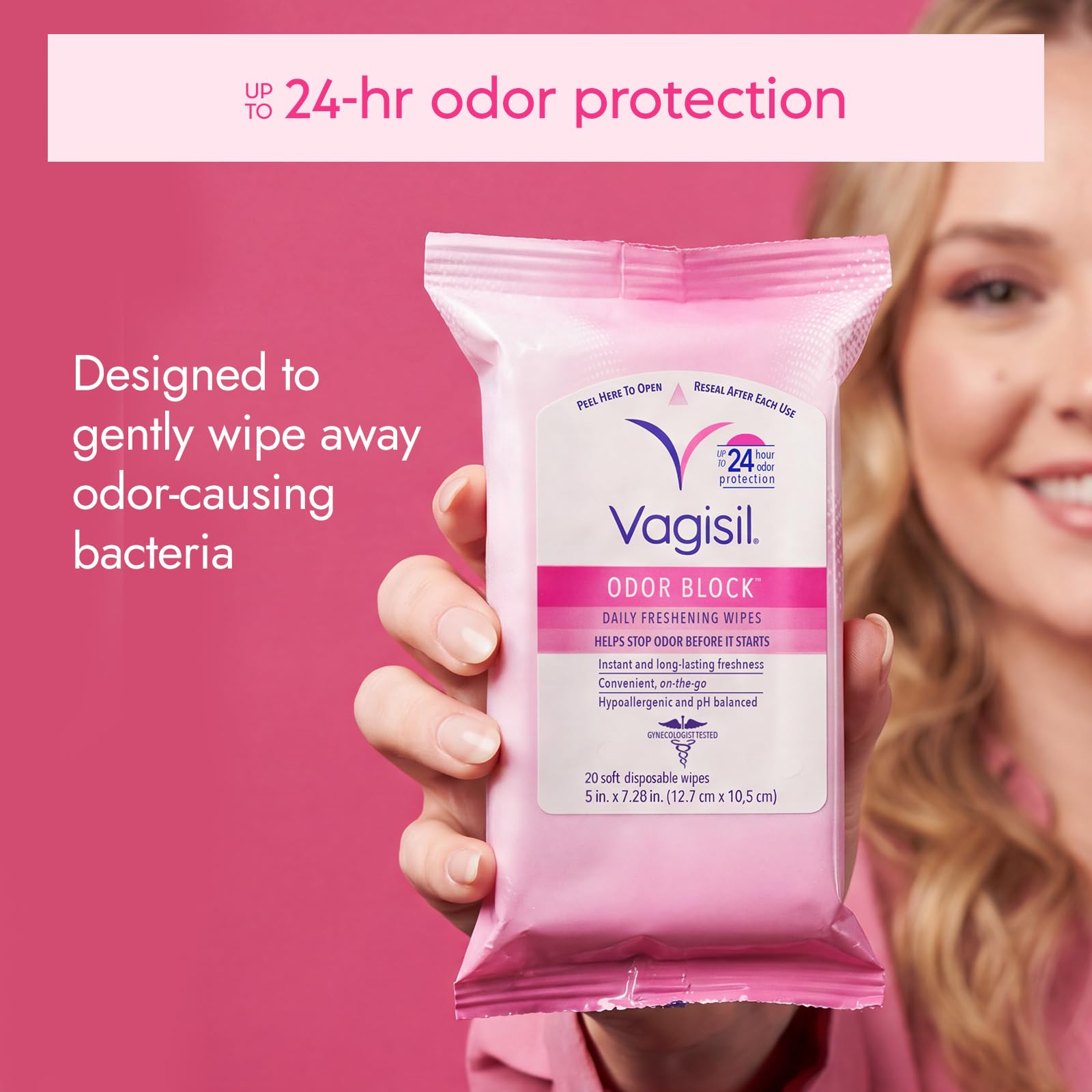 Vagisil cierre resellable abierto para mantener la frescura y facilidad de uso