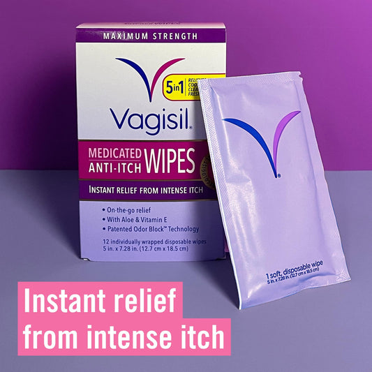 Vagisil sobre individual abierto con toallita lista para uso higiénico y discreto