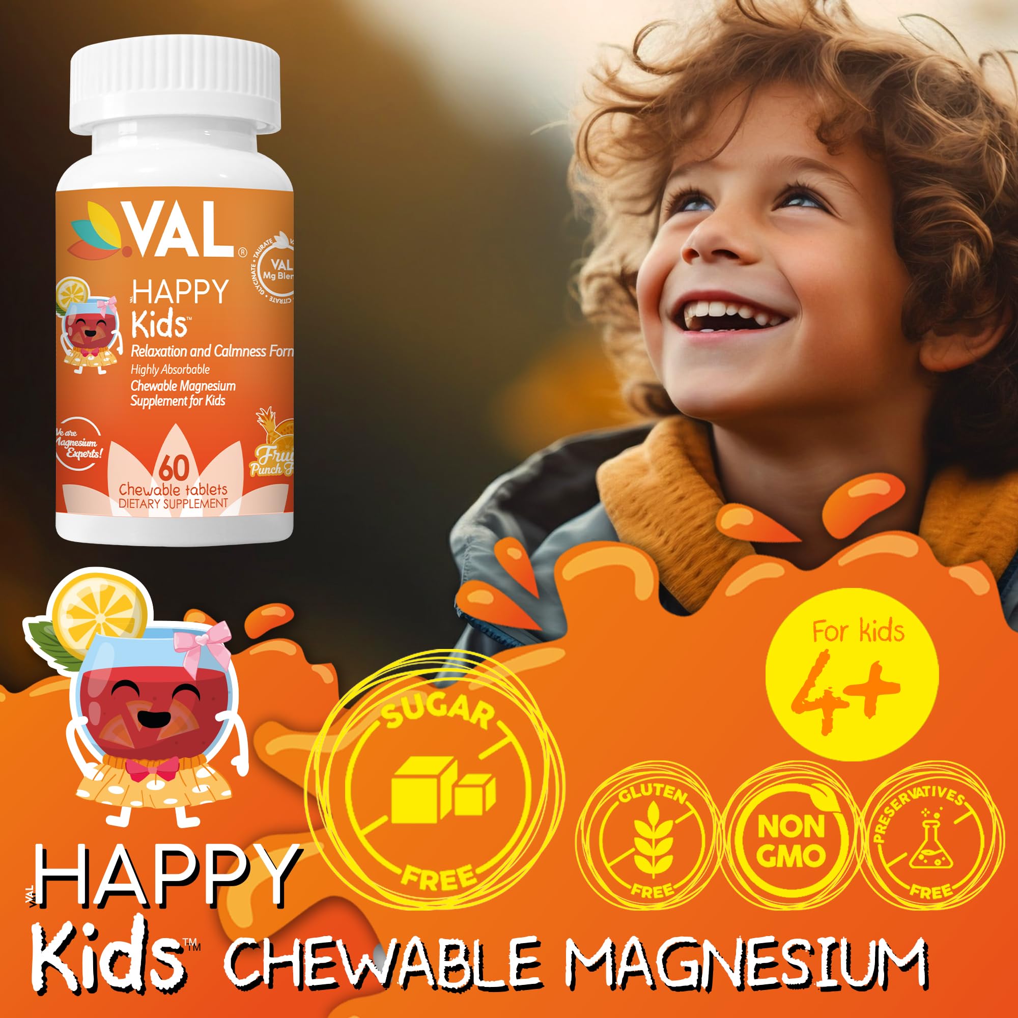 VAL Magnesio para Niños, tabletas masticables, sabor fruta, fácil de tomar.