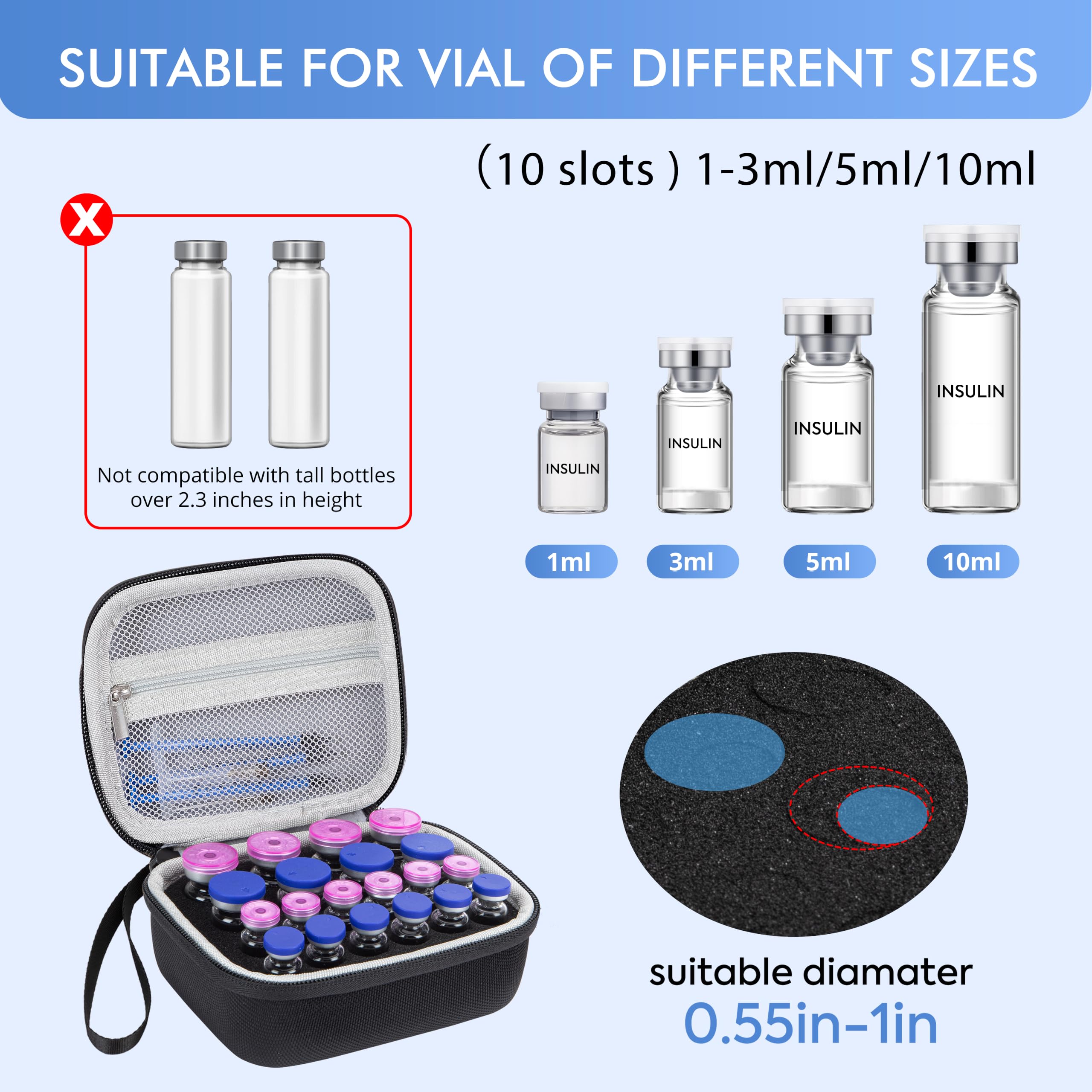 vamctry interior con 20 ranuras acolchadas que protegen viales individuales
