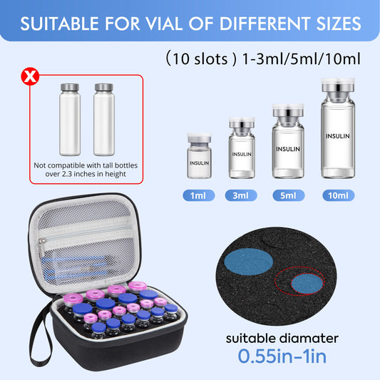 vamctry interior con 20 ranuras acolchadas que protegen viales individuales