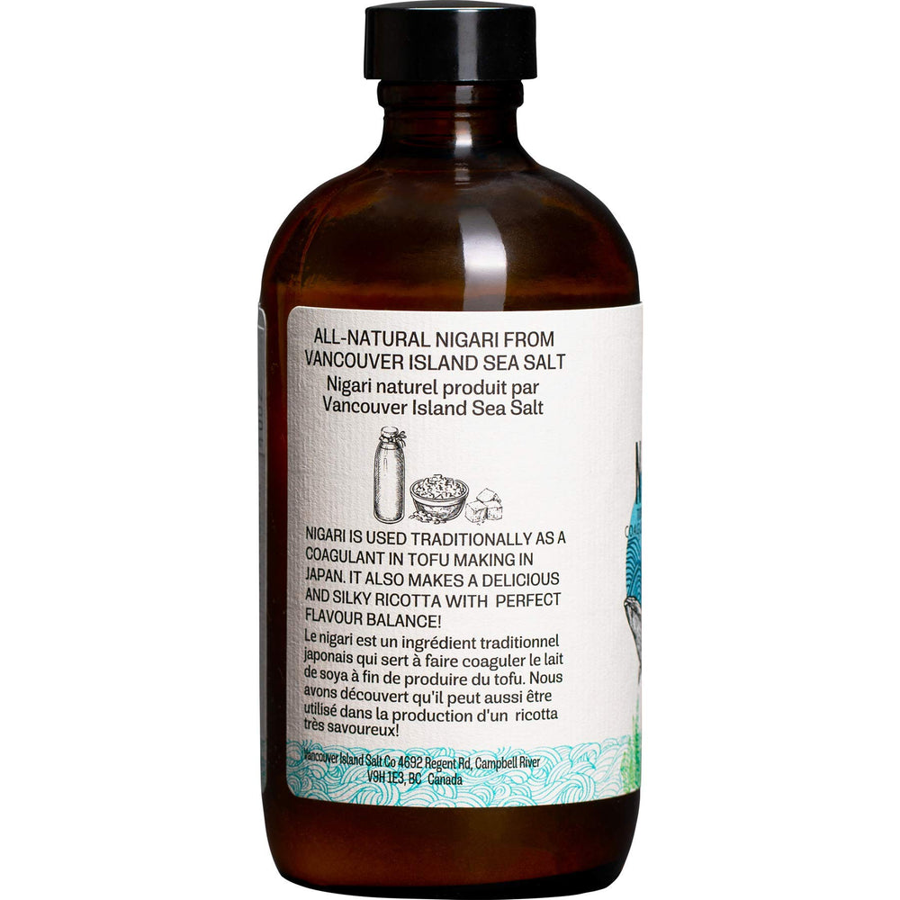 Etiqueta detallada de Vancouver Island Sea Salt nigari enfatizando pureza
