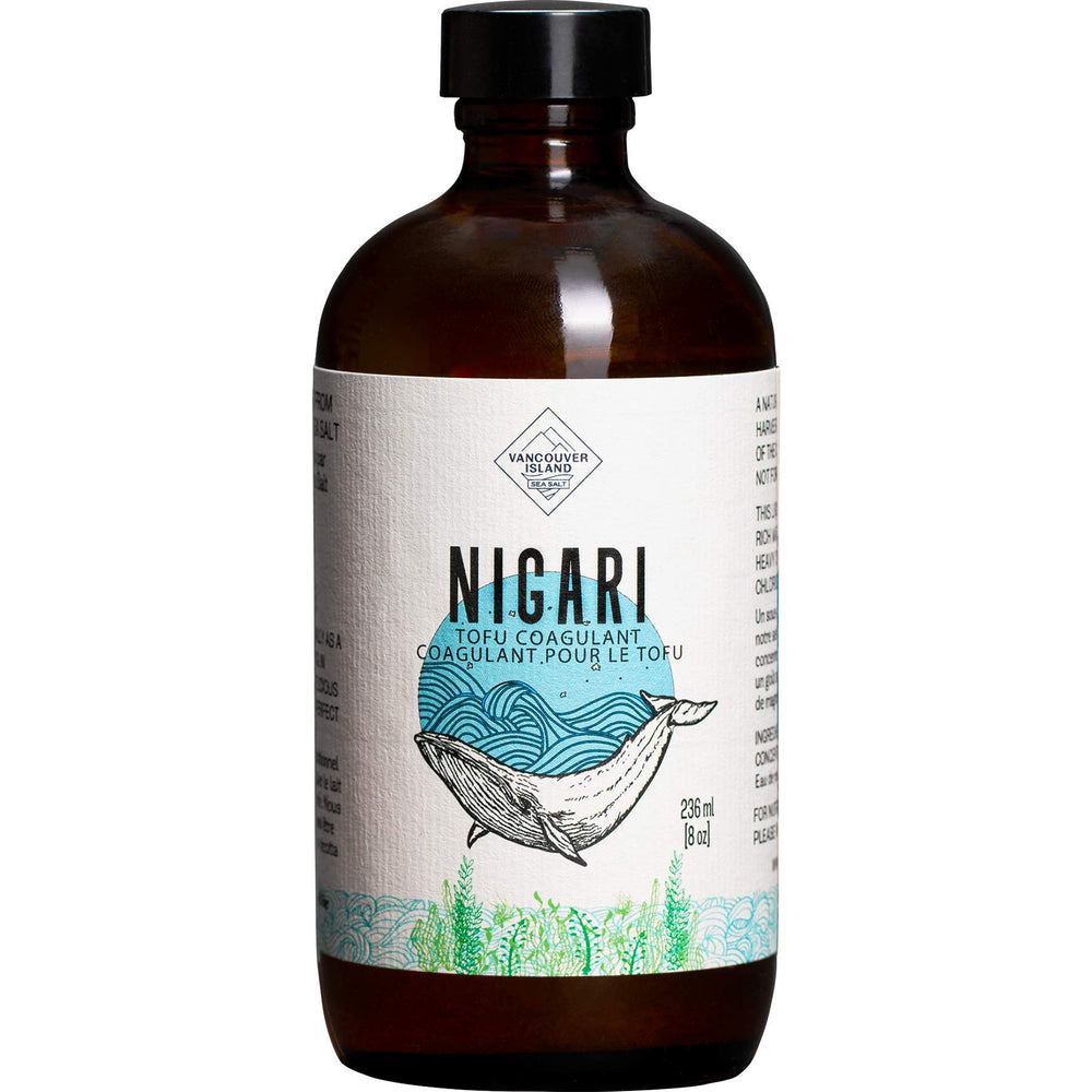 Vancouver Island Sea Salt nigari frasco delantero mostrando etiqueta y tamaño