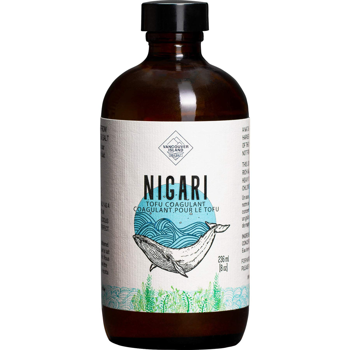 Vancouver Island Sea Salt nigari frasco delantero mostrando etiqueta y tamaño