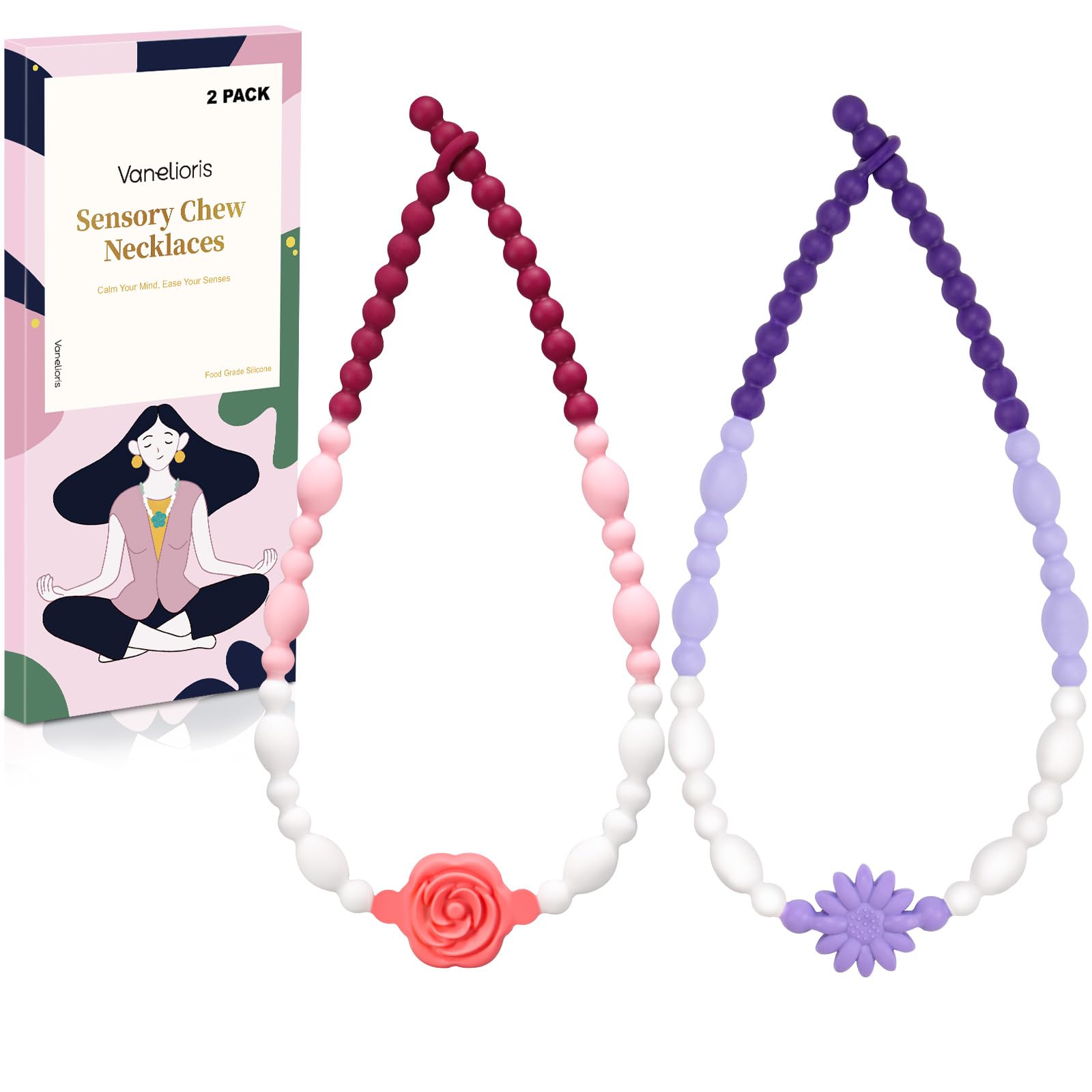 Vanelioris collar frontal en empaque mostrando dos flores y diseño seguro