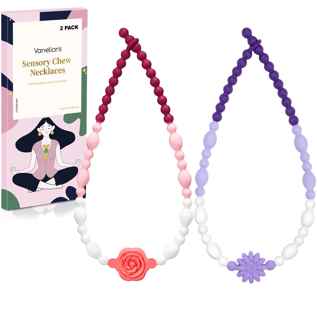 Vanelioris collar frontal en empaque mostrando dos flores y diseño seguro