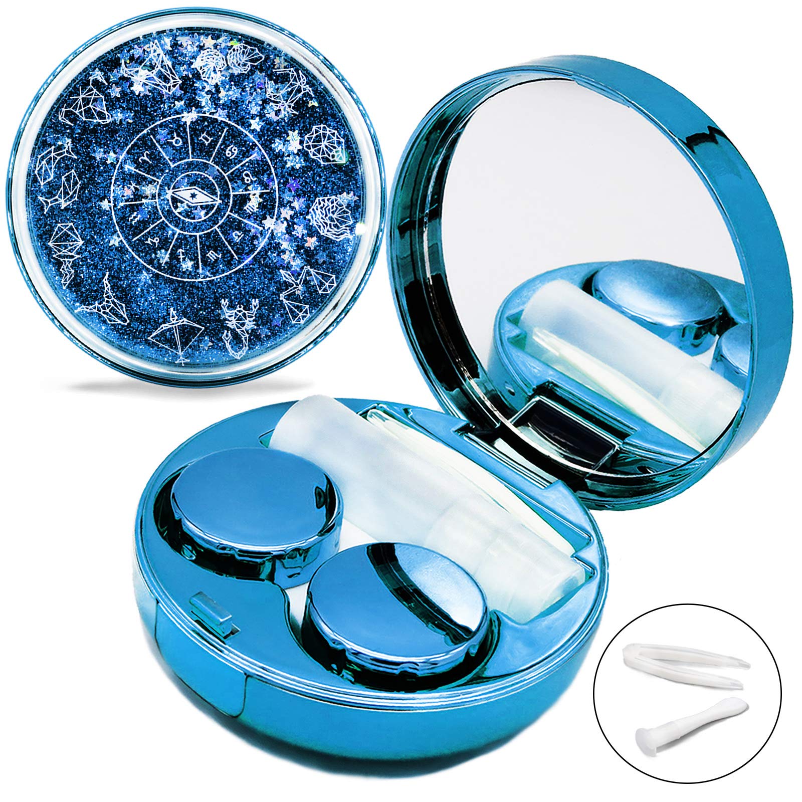 Vastsoon estuche frontal azul glitter mostrando cierre hermético y diseño atractivo