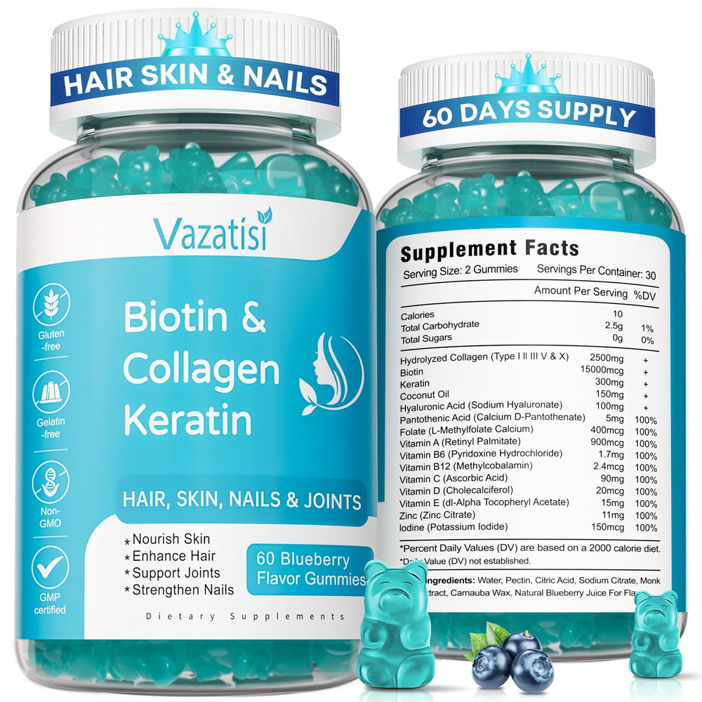 Vazatisi envase frontal de gominas sabor arándano para cuidado de cabello piel y uñas