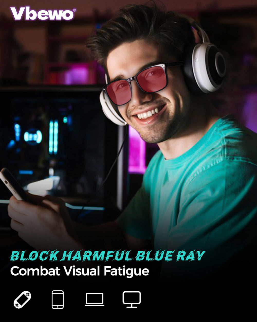 Vbewo gafas en uso por gamer reducción de fatiga visual
