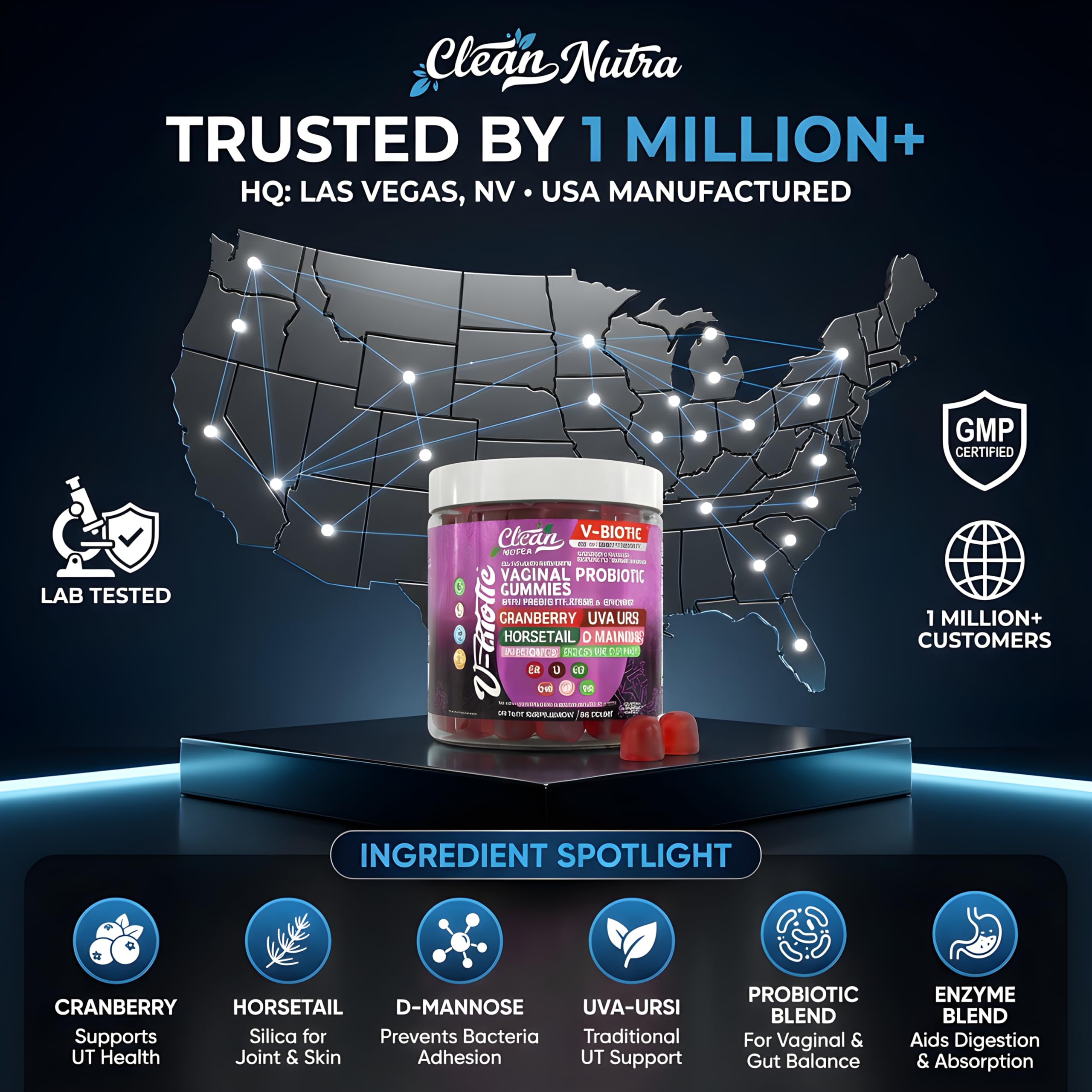 Etiqueta nutricional clara de Vbiotic Gummies Clean Nutraceuticals para información del usuario