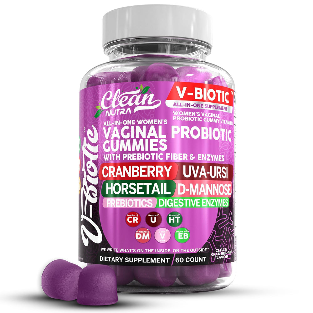 Clean Nutraceuticals frasco frontal de Vbiotic Gummies mostrando envase y calidad