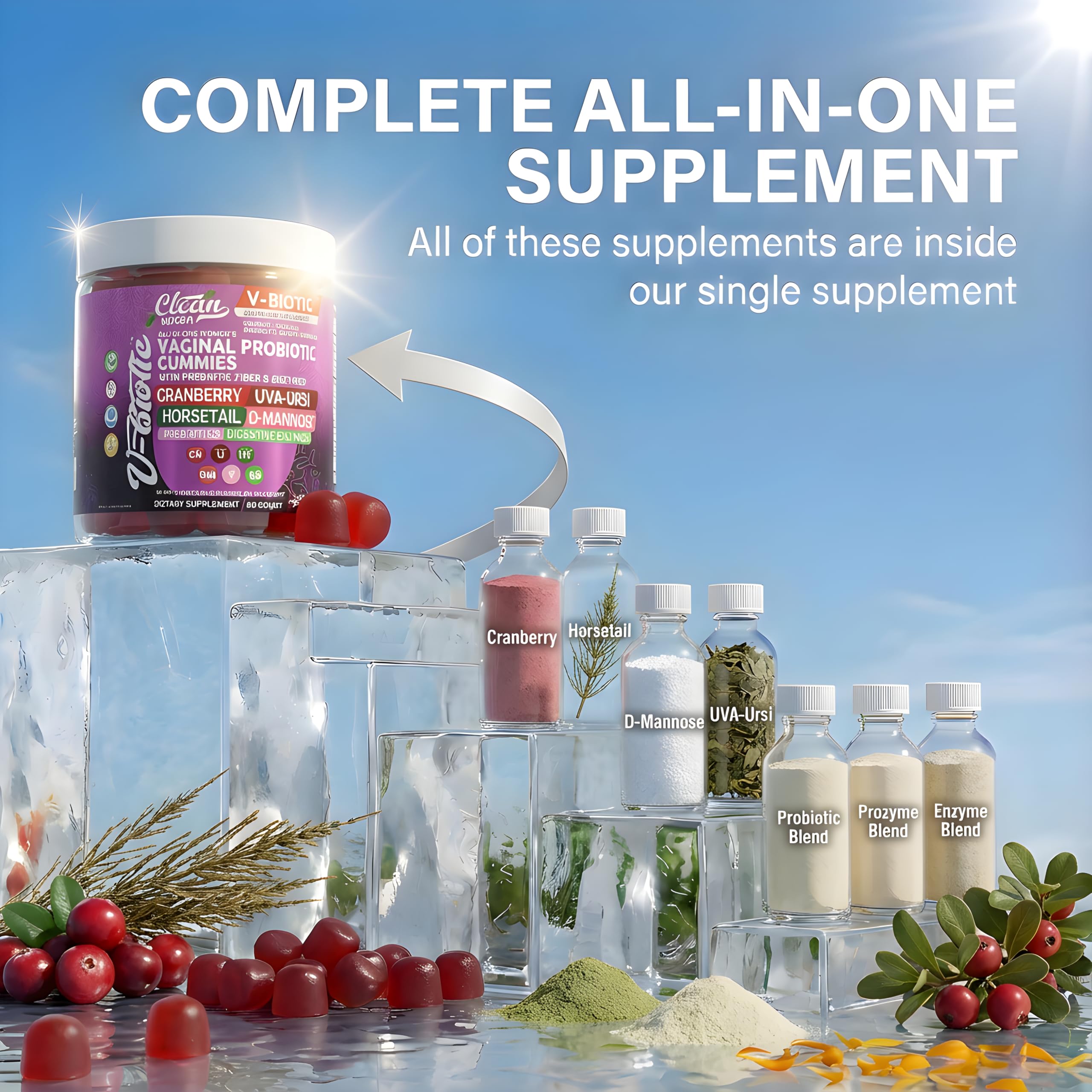 Ingredientes naturales arándano y uva‑ursi junto a Vbiotic Gummies Clean Nutraceuticals para apoyo herbal