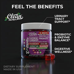 Porciones de Vbiotic Gummies en taza medidora para visualizar dosis Clean Nutraceuticals