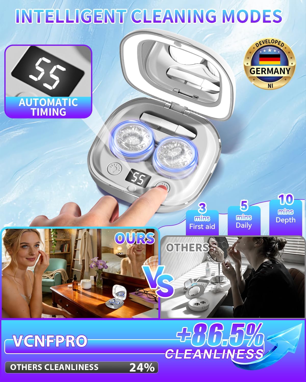 VCNFPRO limpiador en uso con lentes y solución, muestra funcionalidad portátil y práctica