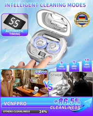VCNFPRO limpiador en uso con lentes y solución, muestra funcionalidad portátil y práctica