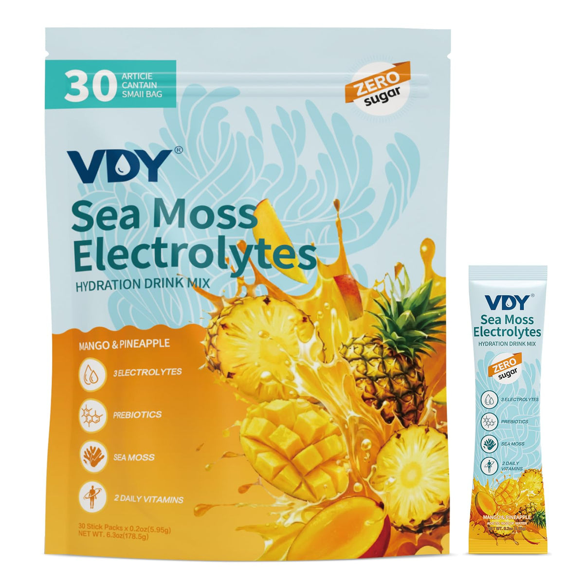 VDY empaque frontal mango piña mostrando sobres, beneficio práctico