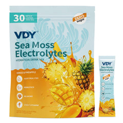 VDY empaque frontal mango piña mostrando sobres, beneficio práctico