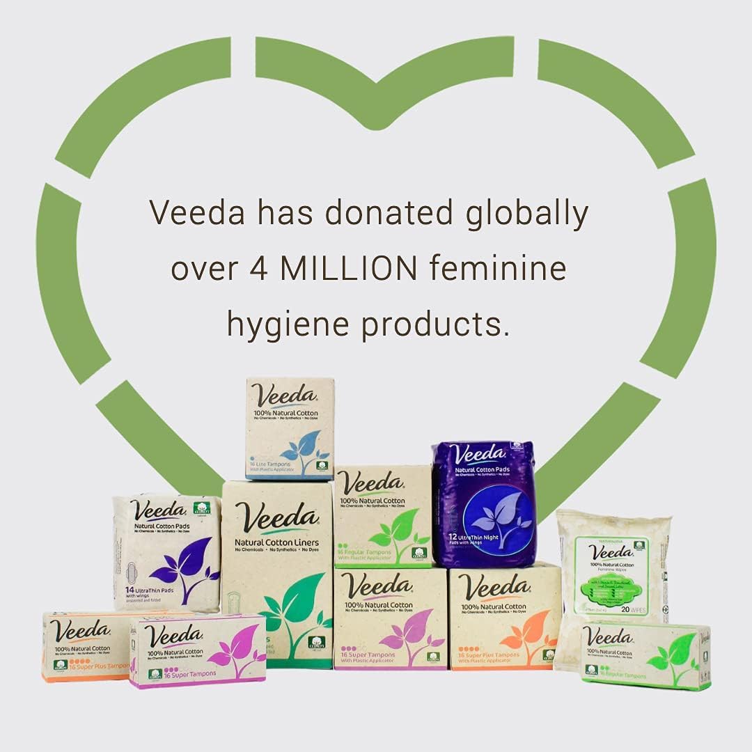 Veeda caja abierta con tampón resaltando empaques individuales higiénicos