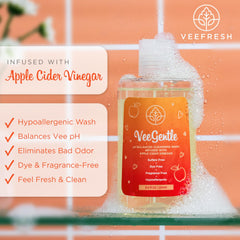 VeeFresh VeeGentle detalle del empaque resaltando ingredientes y sin fragancias
