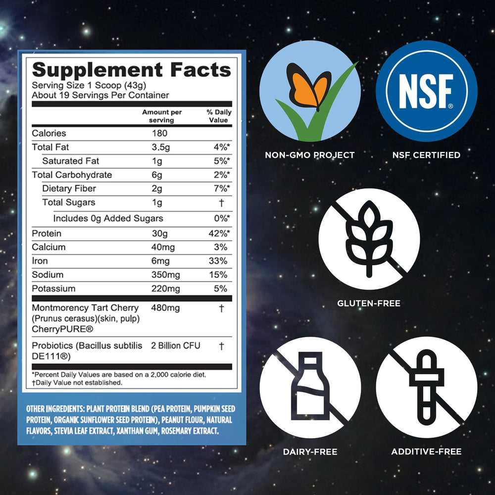 Detalle de etiqueta Vega con información nutricional y certificación NSF