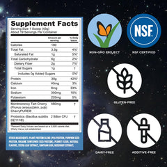 Detalle de etiqueta Vega con información nutricional y certificación NSF
