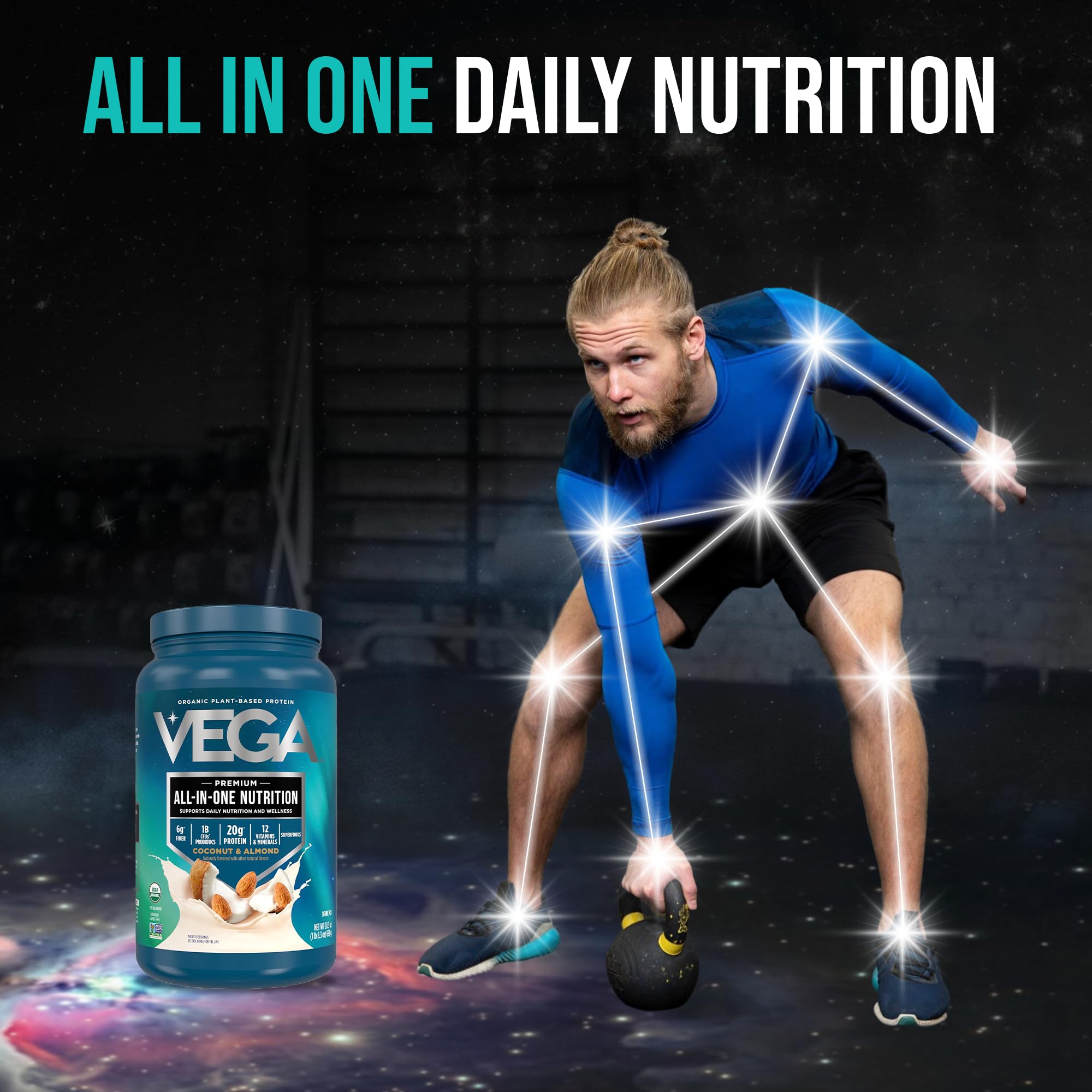 Vega persona en gimnasio preparando batido para recuperación rápida