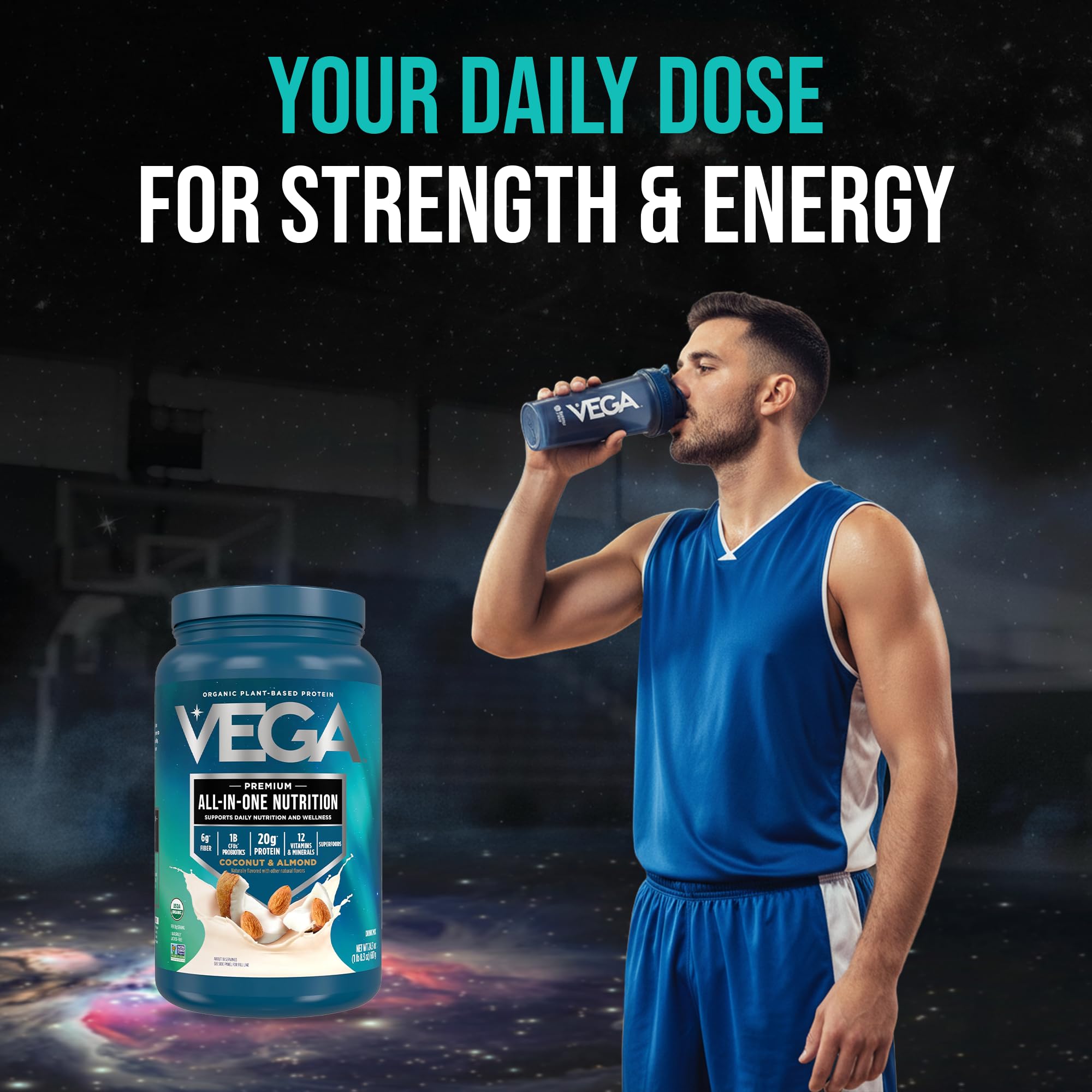 Vega envase abierto con cuchara para mostrar porción y facilidad