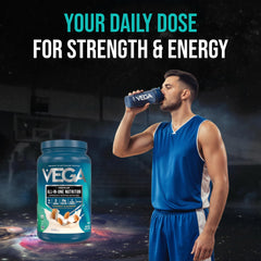 Vega envase abierto con cuchara para mostrar porción y facilidad