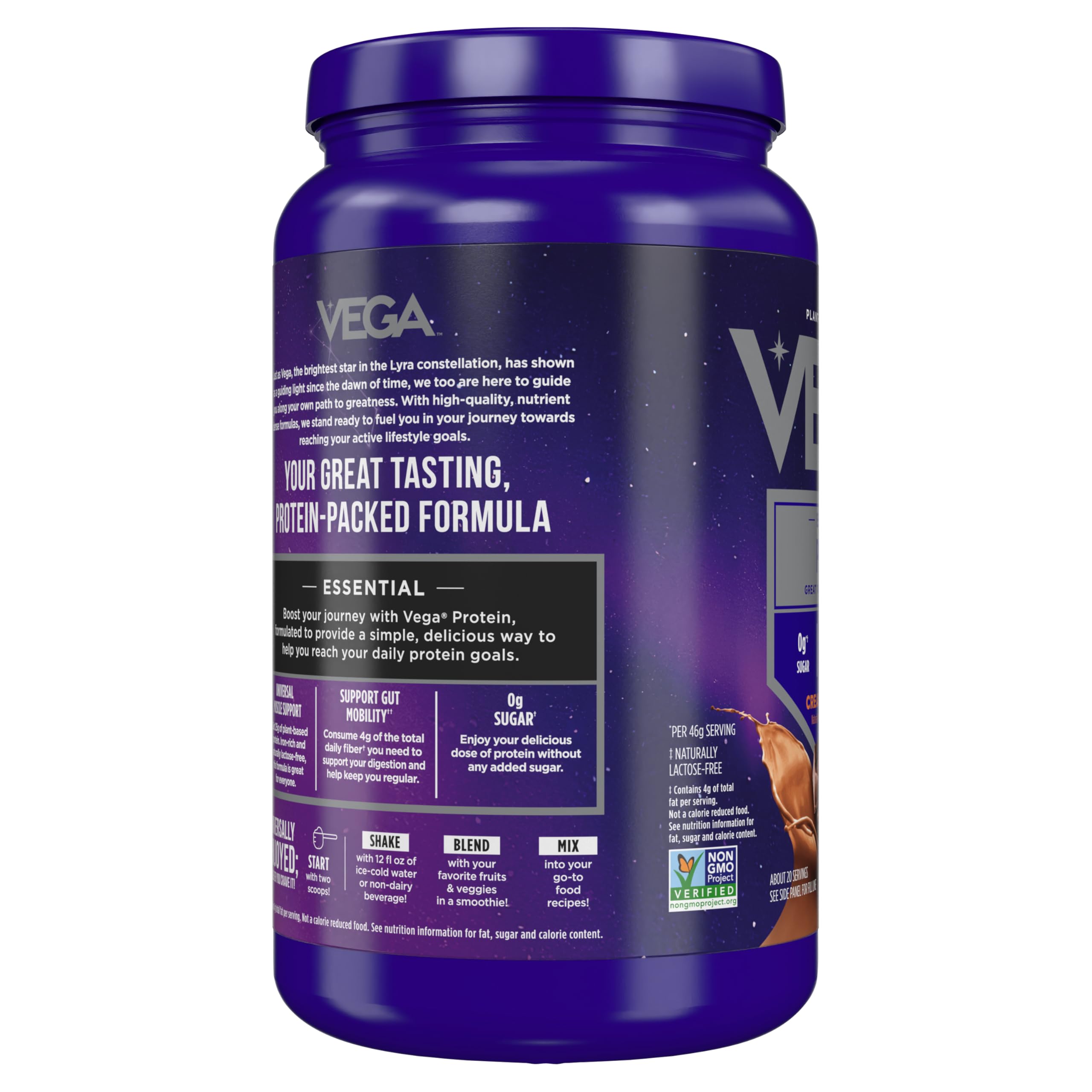 Vega cuchara con porción de proteína que indica 25 g por servicio