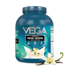 Vega frasco delantero sabor vainilla mostrando el envase y beneficios