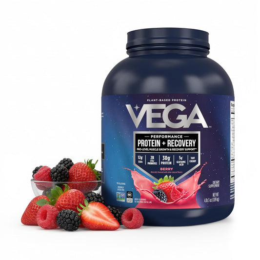 Vega frasco frontal Berry mostrando etiqueta y beneficio de 30 g proteína
