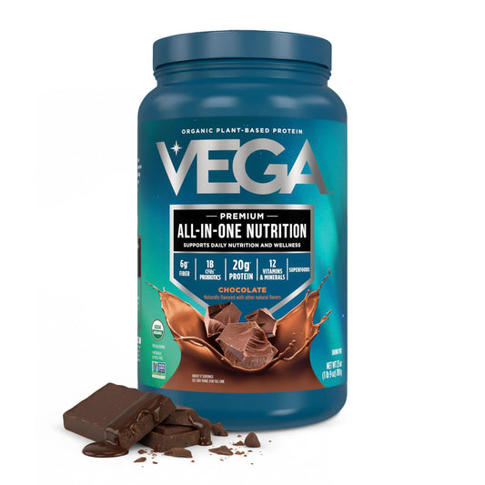 Vega envase frontal chocolate mostrando aporte de 20 g proteína