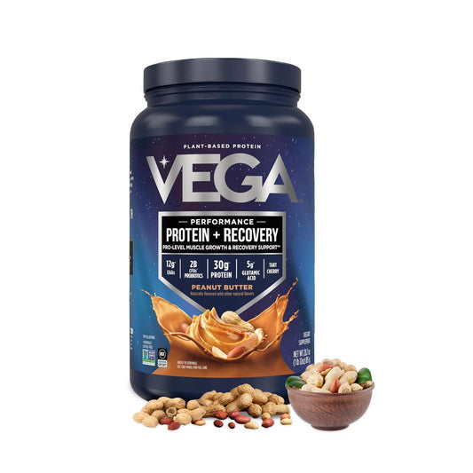Envase Vega Protein + Recovery Peanut Butter mostrando el frente y beneficios