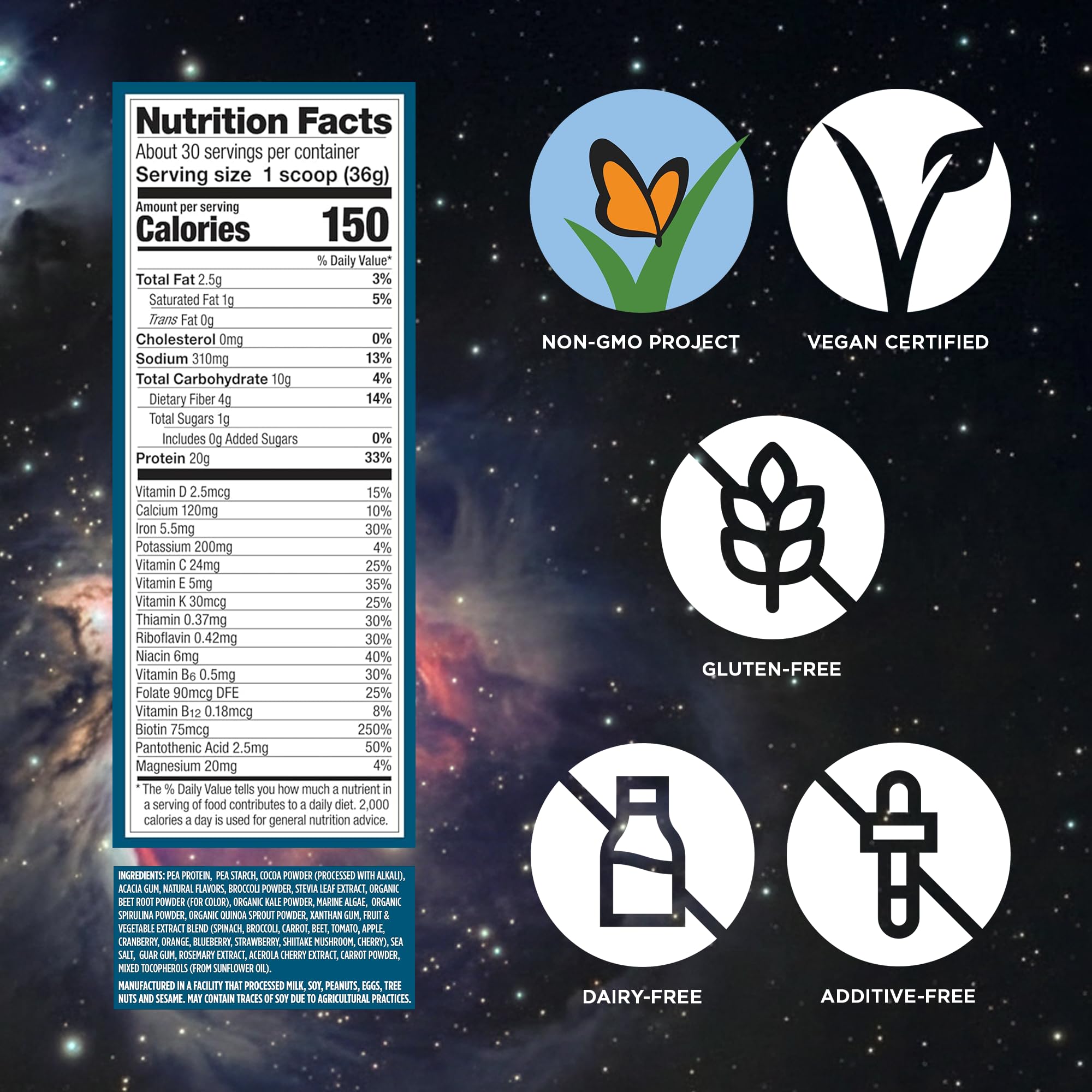 Vega cucharada llena que muestra 20 g de proteína por porción