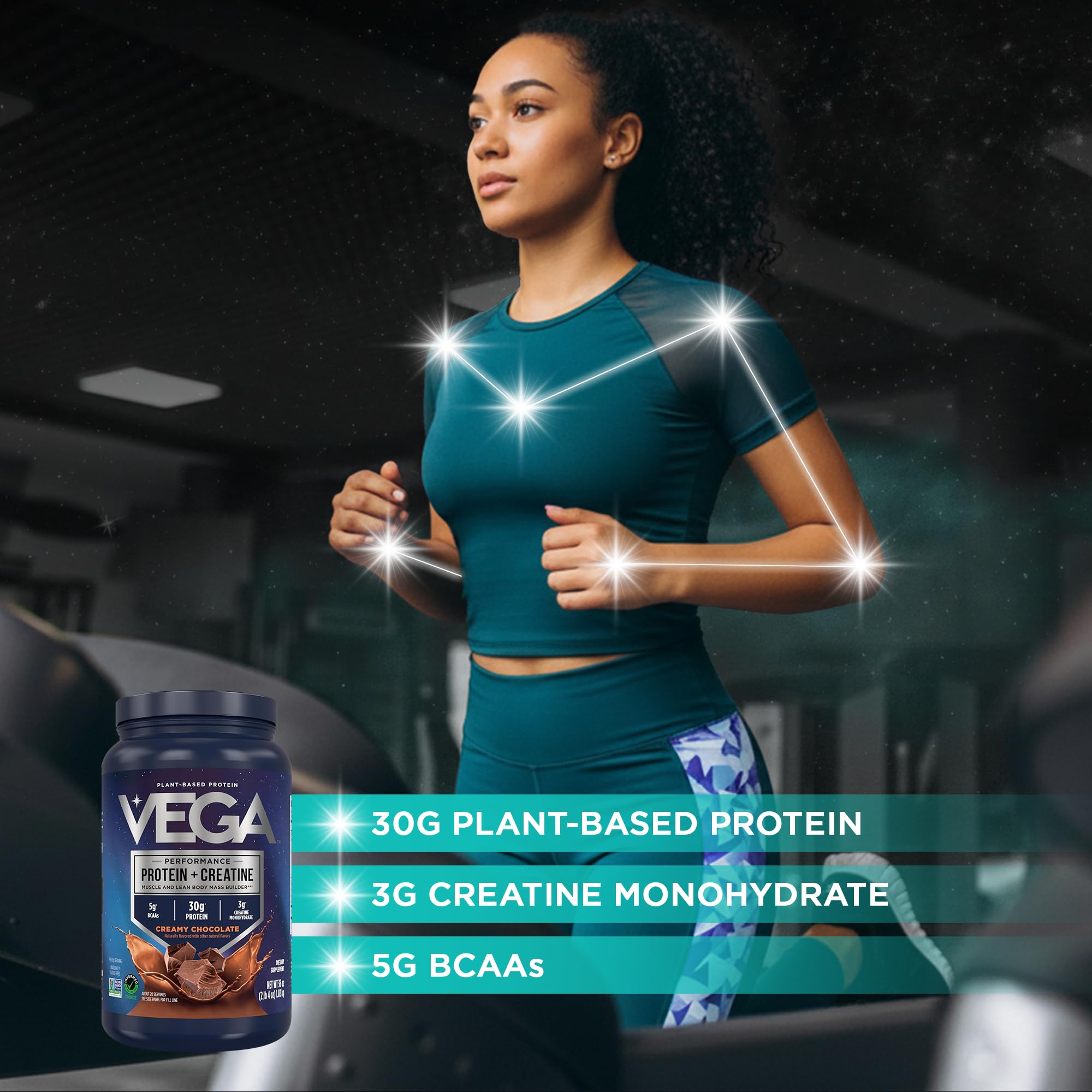 Vega scoop mostrando la porción de 30 g y 3 g creatina