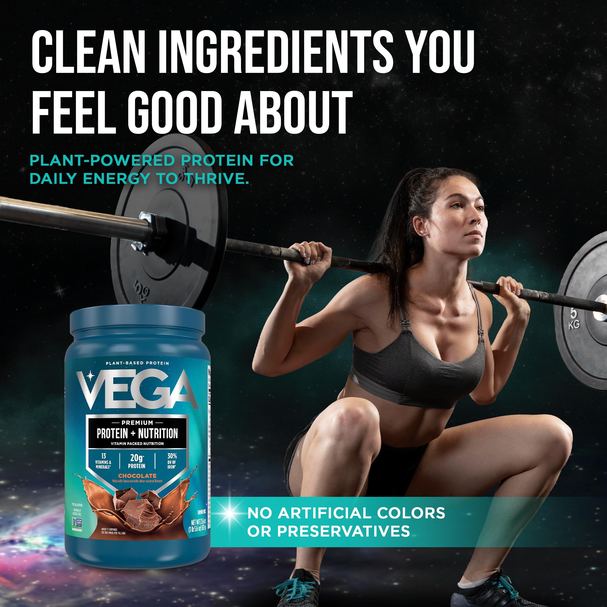 Vega cucharada con porción mostrando 20g de proteína por servicio