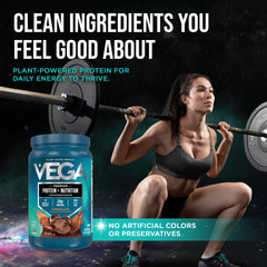 Vega cucharada con porción mostrando 20g de proteína por servicio