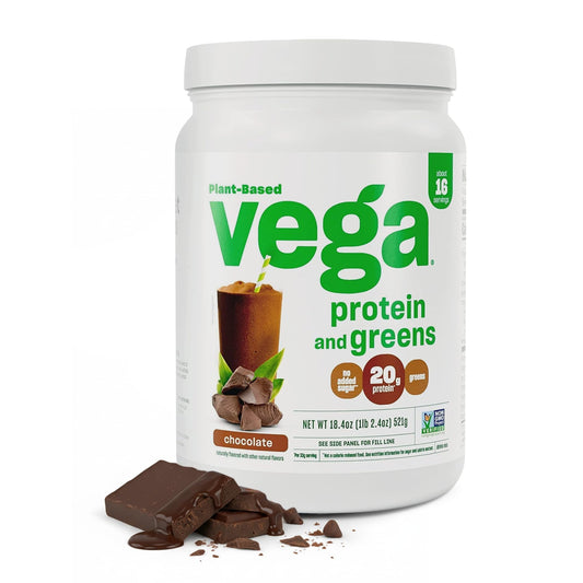 Vega envase frontal premium que muestra sabor chocolate y beneficios