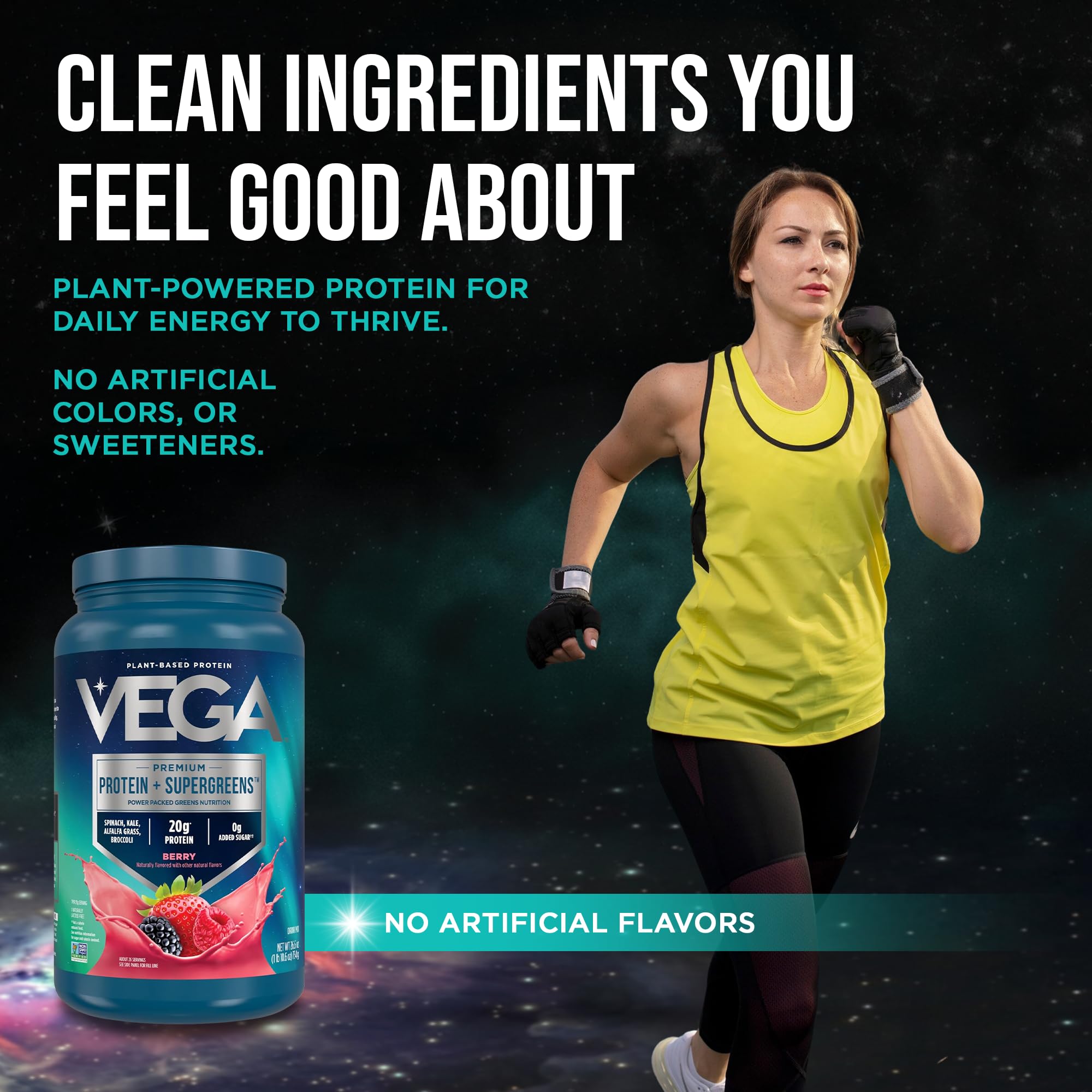 Vega producto junto a equipo de gimnasio mostrando uso post-entreno