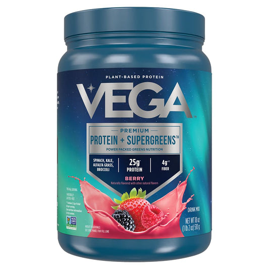 Vega Proteína y Verduras Frambuesa, polvo ideal para batidos energizantes.