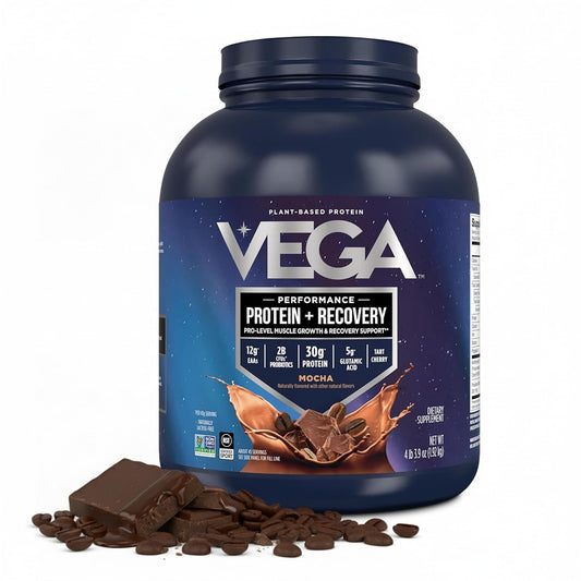 Vega envase frontal muestra 30 g proteína y sabor moka, ideal para recuperación