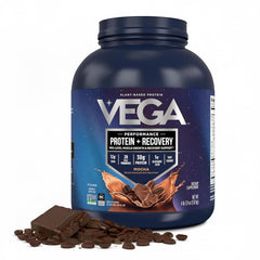 Vega envase frontal muestra 30 g proteína y sabor moka, ideal para recuperación
