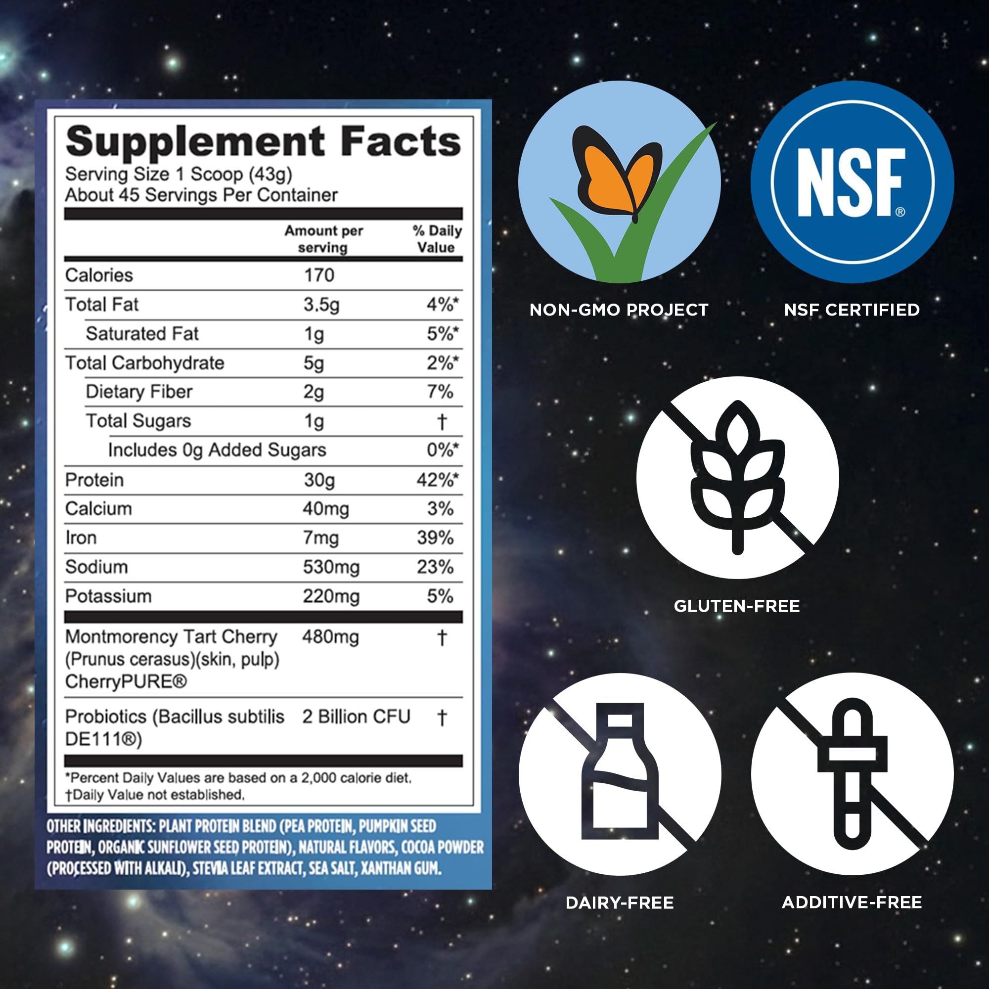 Vega etiqueta en primer plano con información de proteína y probióticos clara