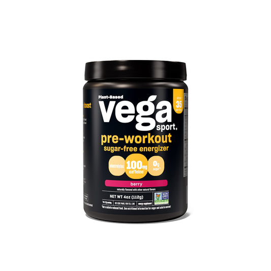 Vega Sport frasco frontal mostrando sabor Berry y beneficios energéticos