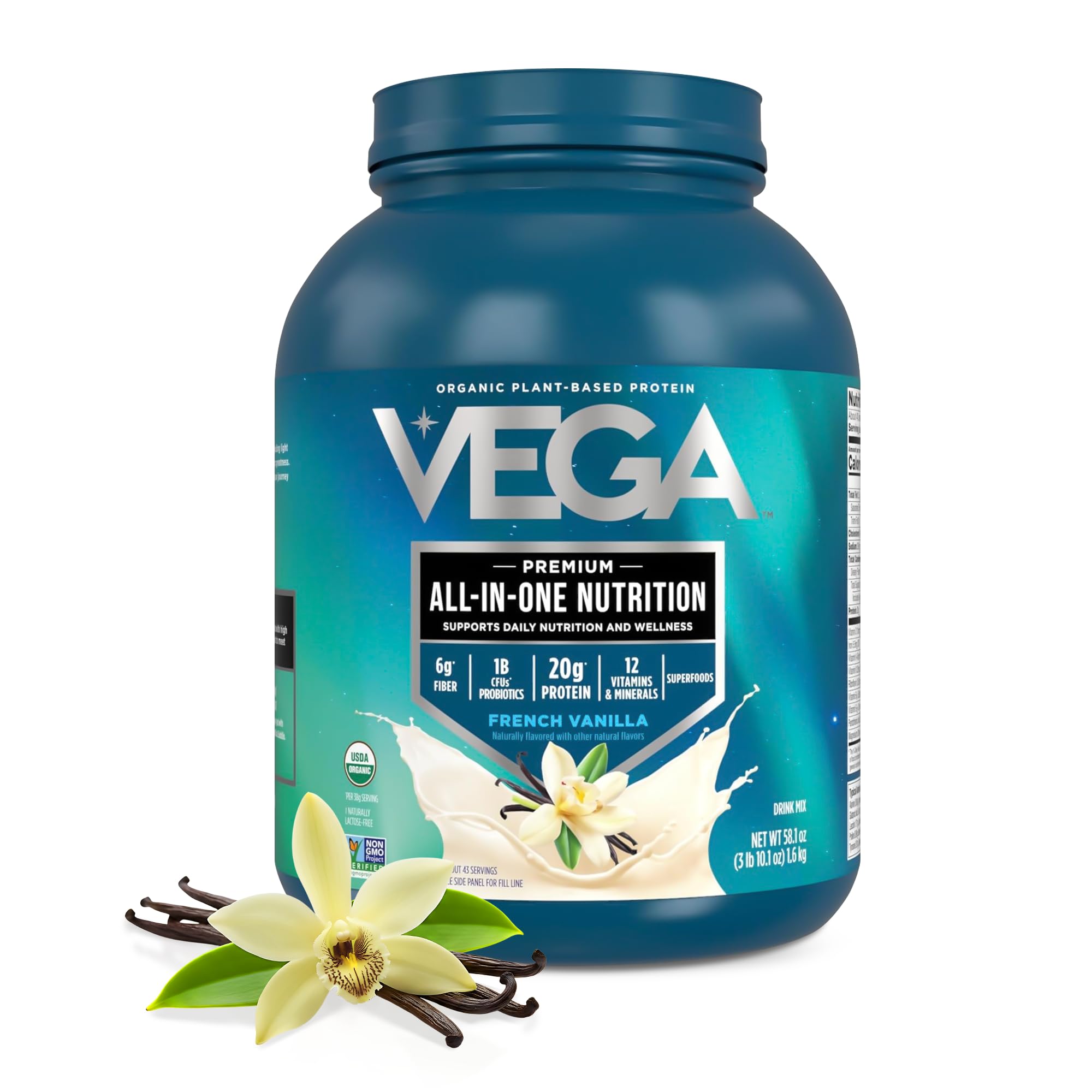 Vega tarro frontal sabor Vainilla Francesa mostrando el ahorro por envase
